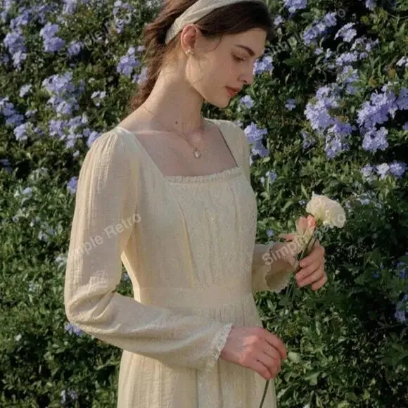 Simple Retro Lace Patchwork Cottage Core Yellow M Coquette Lace Dress - Picture 15 of 15